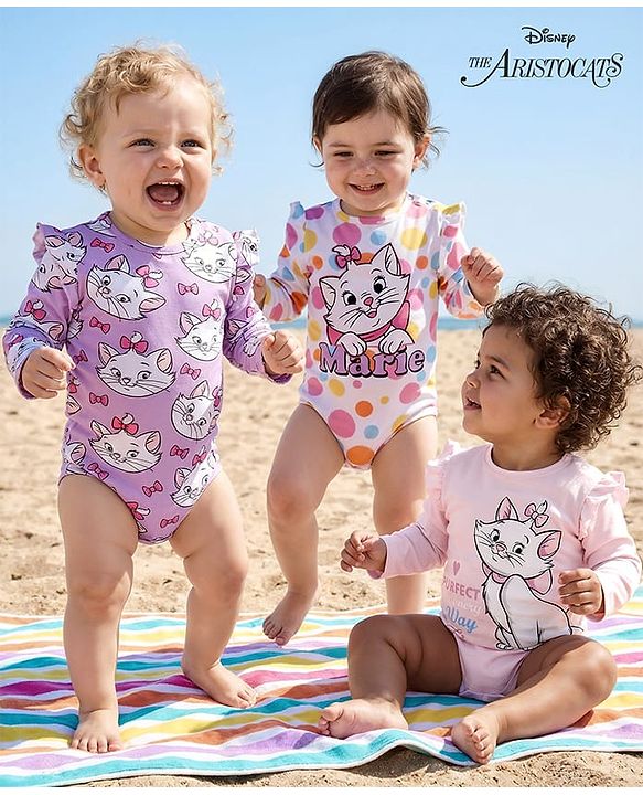 Babyhug Disney Interlock Knit Full Sleeves Onesies With Aristocats Marie Graphics Pack Of 3 - Pink White & Purple