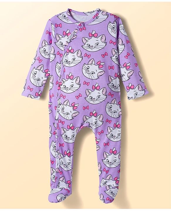 Babyhug Disney Interlock Knit Full Sleeves Footed Sleepsuits with Aristocats Marie Graphics Pack of 2 - Lilac & White
