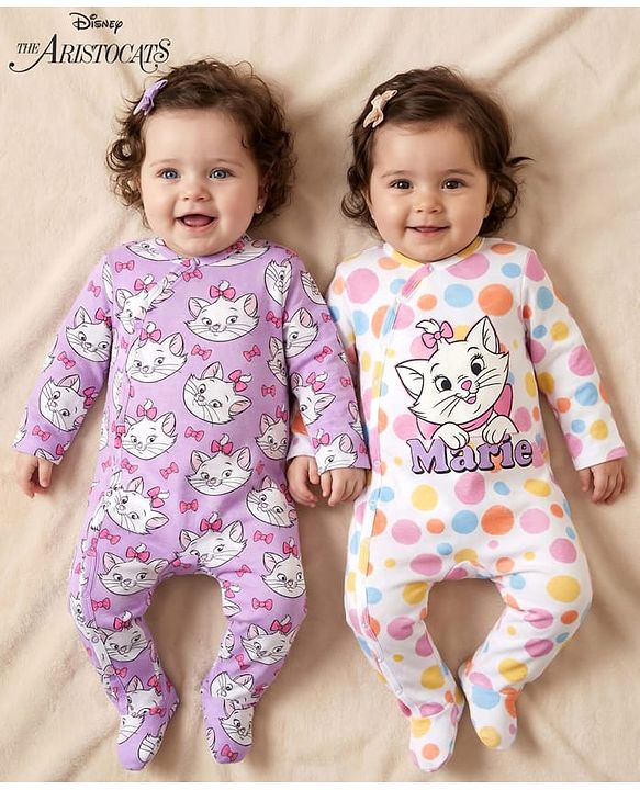 Babyhug Disney Interlock Knit Full Sleeves Footed Sleepsuits with Aristocats Marie Graphics Pack of 2 - Lilac & White