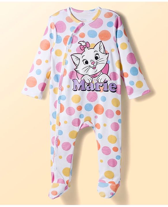 Babyhug Disney Interlock Knit Full Sleeves Footed Sleepsuits with Aristocats Marie Graphics Pack of 2 - Lilac & White