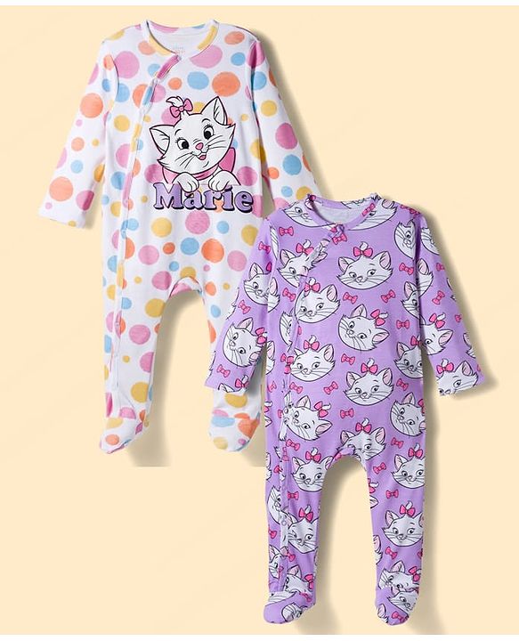 Babyhug Disney Interlock Knit Full Sleeves Footed Sleepsuits with Aristocats Marie Graphics Pack of 2 - Lilac & White