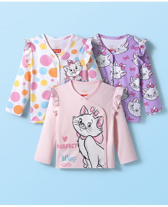 Babyhug Disney Interlock Knit Full Sleeves Jhablas With Aristocats Marie Print Pack Of 3 - Pink Purple & White