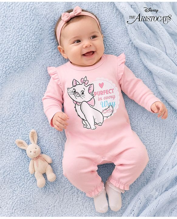 Babyhug Disney Interlock Knit Full Sleeves Romper With Aristocats Marie Graphic - Pink