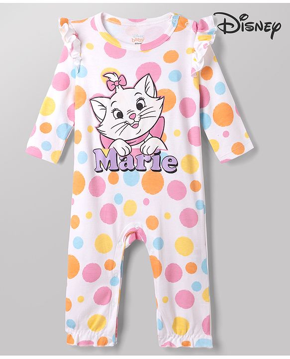Babyhug Disney Interlock Knit Full Sleeves Printed Rompers With Marie Graphic - White