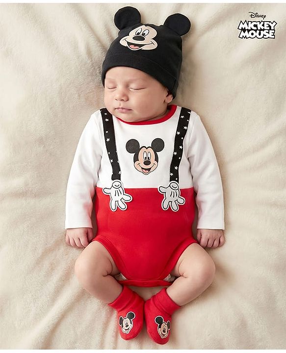 Babyhug Disney Interlock Knit Full Sleeves Mickey Mouse & Family Printed Onesies With Cap & Booties Set  - Red & White