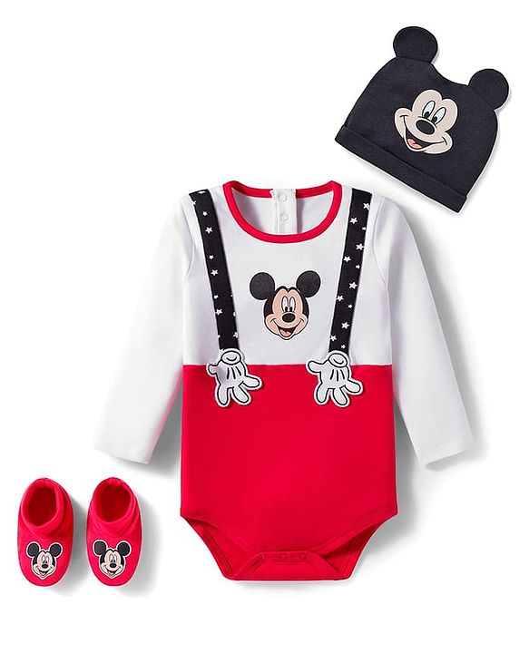 Babyhug Disney Interlock Knit Full Sleeves Mickey Mouse & Family Printed Onesies With Cap & Booties Set  - Red & White