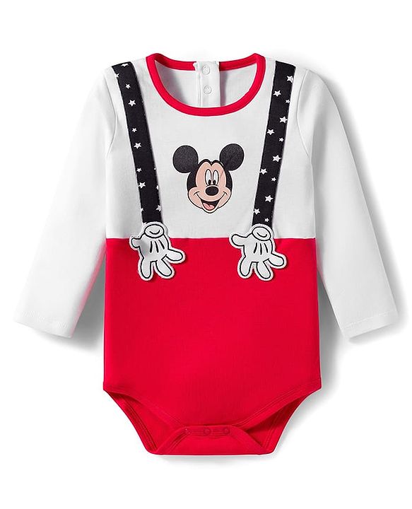 Babyhug Disney Interlock Knit Full Sleeves Mickey Mouse & Family Printed Onesies With Cap & Booties Set  - Red & White