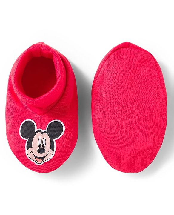 Babyhug Disney Interlock Knit Full Sleeves Mickey Mouse & Family Printed Onesies With Cap & Booties Set  - Red & White
