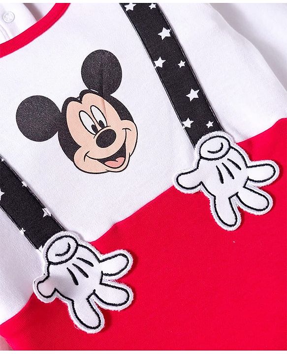 Babyhug Disney Interlock Knit Full Sleeves Mickey Mouse & Family Printed Onesies With Cap & Booties Set  - Red & White