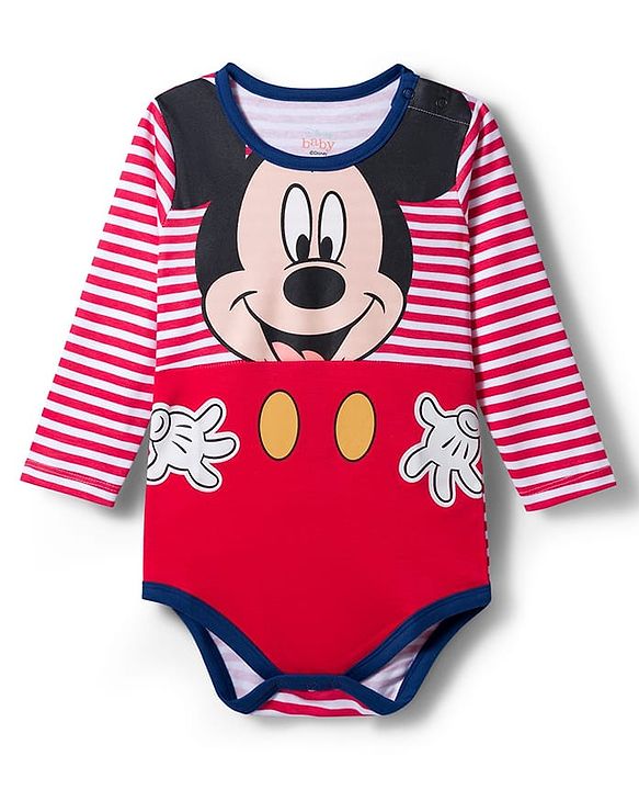 Babyhug Disney Interlock Knit Full Sleeves Striped Onesie with Mickey Mouse Graphic - Multicolor