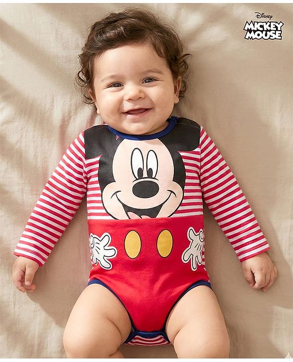 Babyhug Disney Interlock Knit Full Sleeves Striped Onesie with Mickey Mouse Graphic - Multicolor