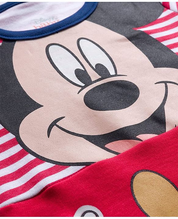 Babyhug Disney Interlock Knit Full Sleeves Striped Onesie with Mickey Mouse Graphic - Multicolor