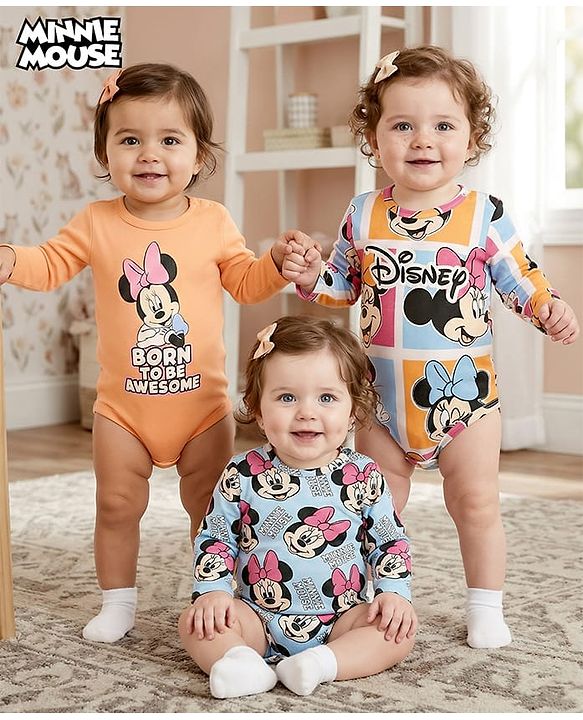 Babyhug Disney Interlock Knit Full Sleeves Onesies with Minnie Mouse & Family Graphics Pack of 3 - Orange & Blue