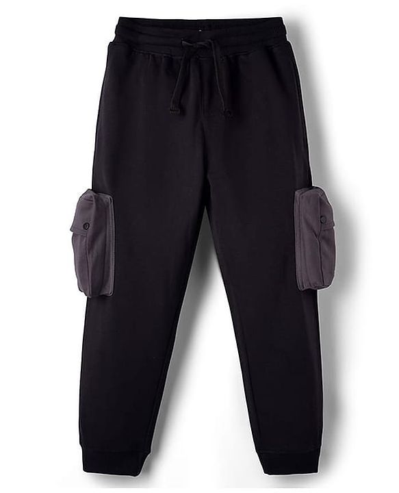 Pine Kids Cotton Knit Full Length Solid Colour Lounge Pant With Pocket - Black