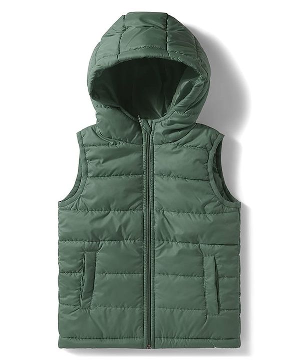 Babyhug Woven Sleeveless Solid Color Padded Hooded Jacket - Olive Green