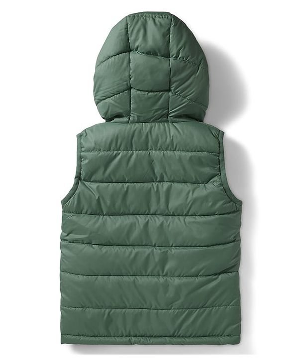 Babyhug Woven Sleeveless Solid Color Padded Hooded Jacket - Olive Green