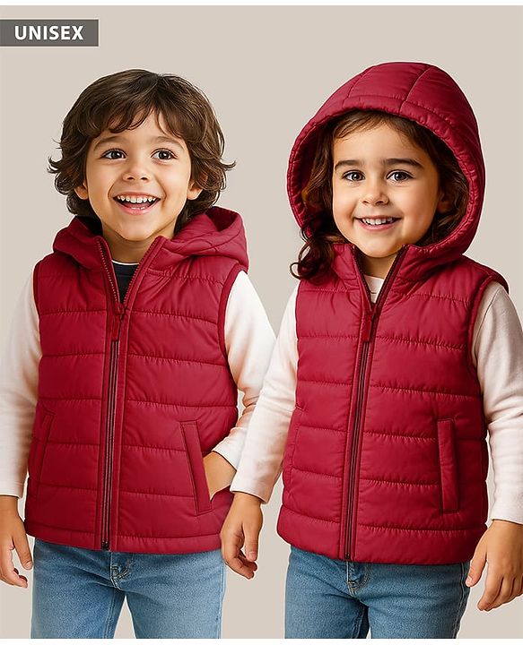 Babyhug Woven Sleeveless Solid Color Padded Hooded Jacket - Olive Green