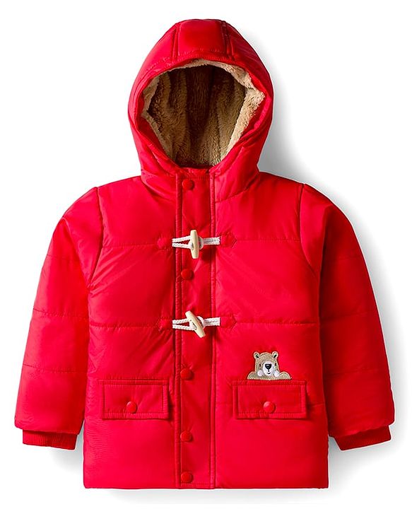 Babyhug Woven Full Sleeves Solid Hooded Padded Jacket - Red