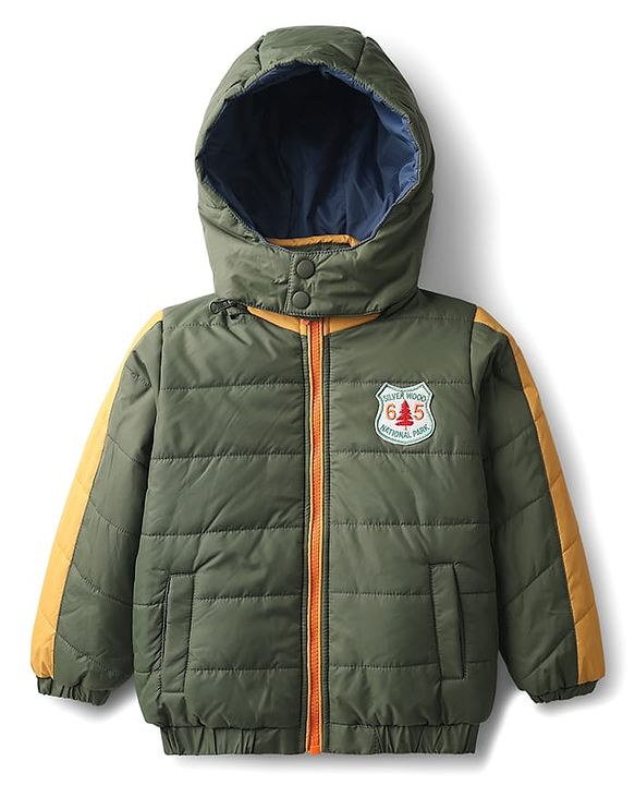 Babyhug Woven Full Sleeves Hooded Padded Jacket With Patch Detailing - Olive Green