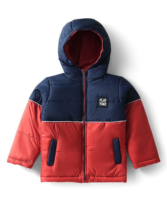 Babyhug Woven Full Sleeves Hooded Padded Jacket With Color Block Design - Rust Orange & Navy Blue