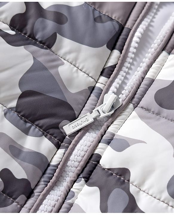 Babyhug Woven Full Sleeves Hooded Padded Jacket With Camouflage Print - White & Grey