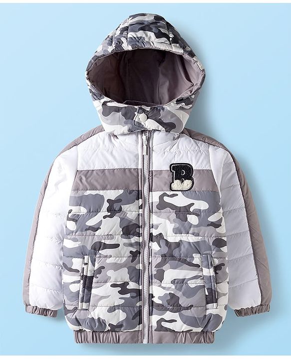 Babyhug Woven Full Sleeves Hooded Padded Jacket With Camouflage Print - White & Grey