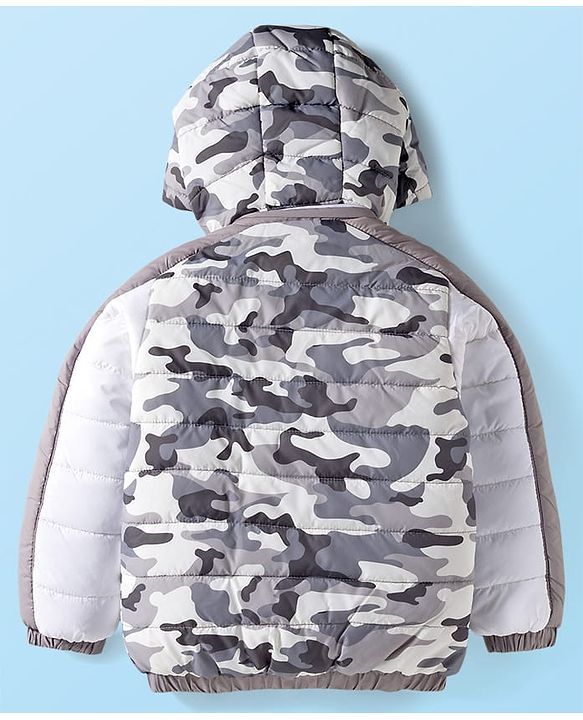 Babyhug Woven Full Sleeves Hooded Padded Jacket With Camouflage Print - White & Grey