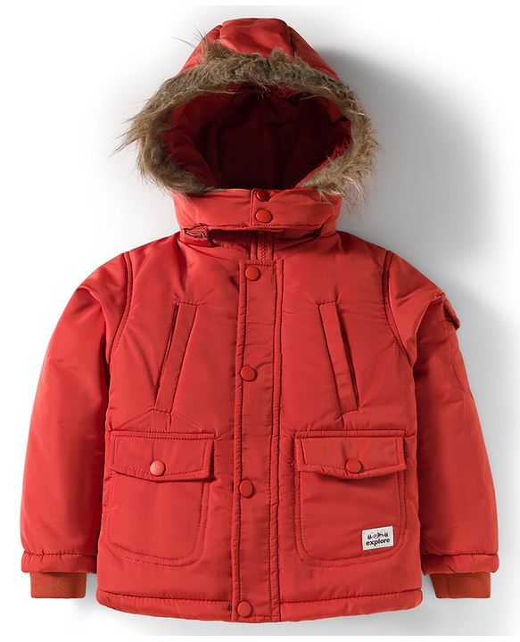 Babyhug Woven Full Sleeves Solid Color Puffer Jacket with Detachable Hood - Rust Orange