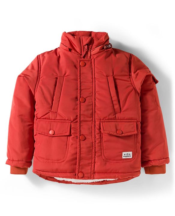 Babyhug Woven Full Sleeves Solid Color Puffer Jacket with Detachable Hood - Rust Orange