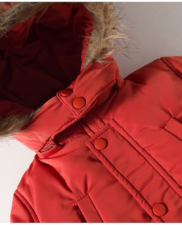 Babyhug Woven Full Sleeves Solid Color Puffer Jacket with Detachable Hood - Rust Orange
