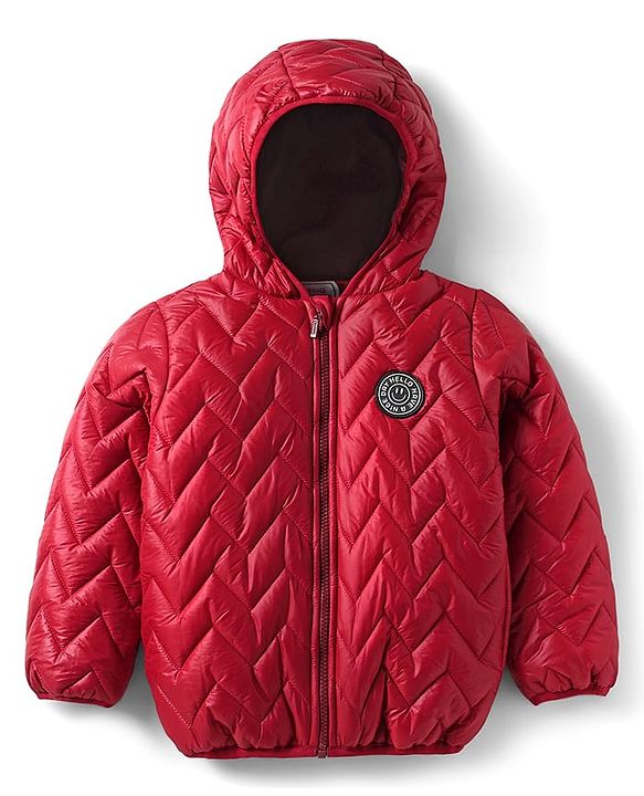 Babyhug Woven Full Sleeves Padded Hooded Jacket With Patch Detailing - Red