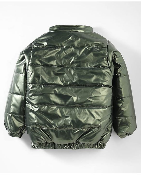 Babyhug Woven Full Sleeves Padded Jacket With Detachable Hood & Front Pockets - Green