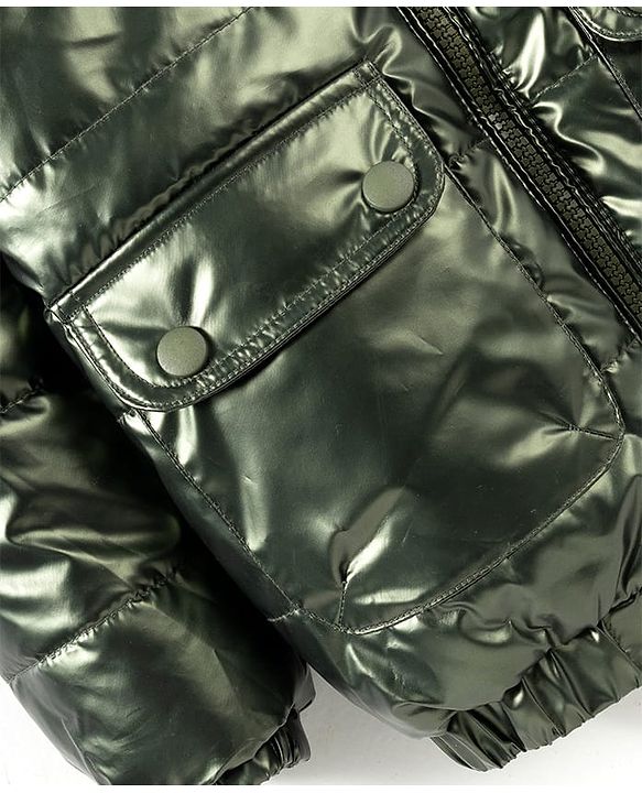 Babyhug Woven Full Sleeves Padded Jacket With Detachable Hood & Front Pockets - Green