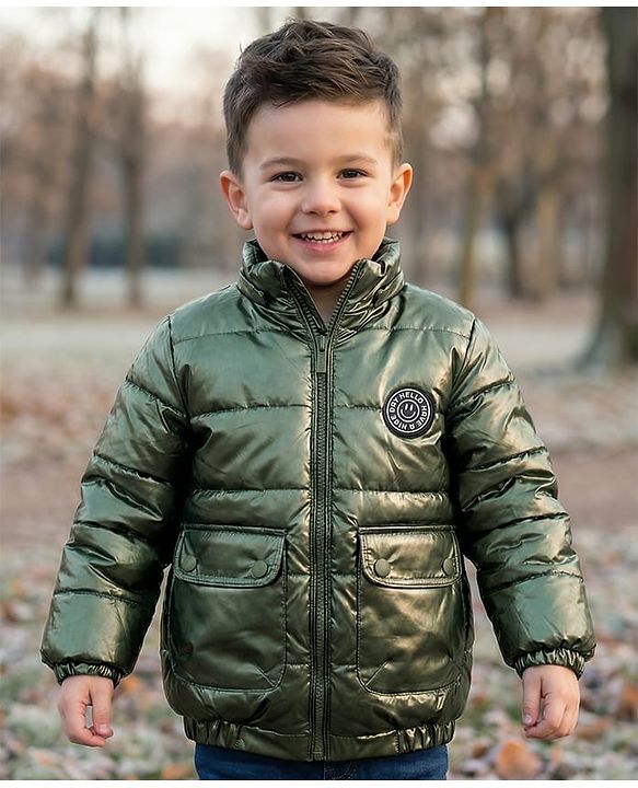 Babyhug Woven Full Sleeves Padded Jacket With Detachable Hood & Front Pockets - Green