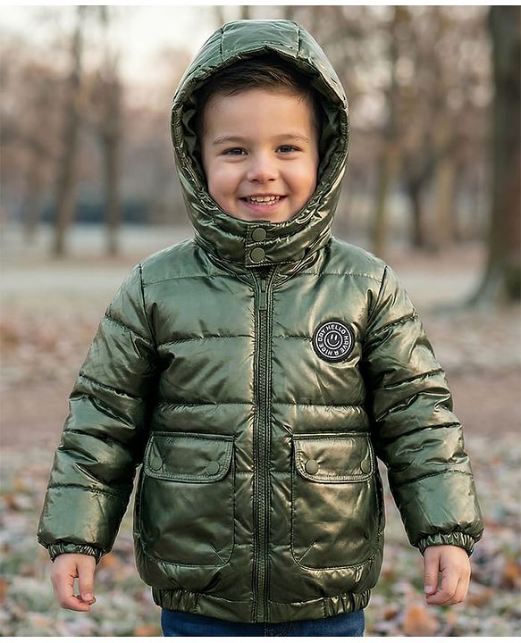 Babyhug Woven Full Sleeves Padded Jacket With Detachable Hood & Front Pockets - Green
