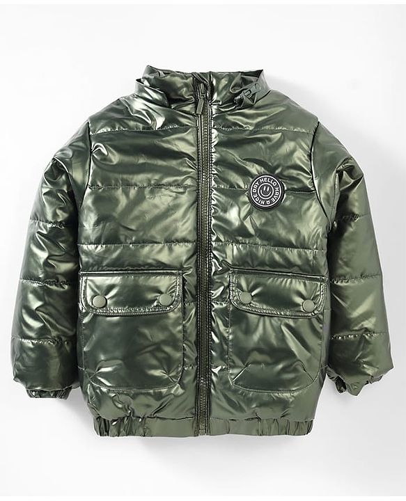 Babyhug Woven Full Sleeves Padded Jacket With Detachable Hood & Front Pockets - Green