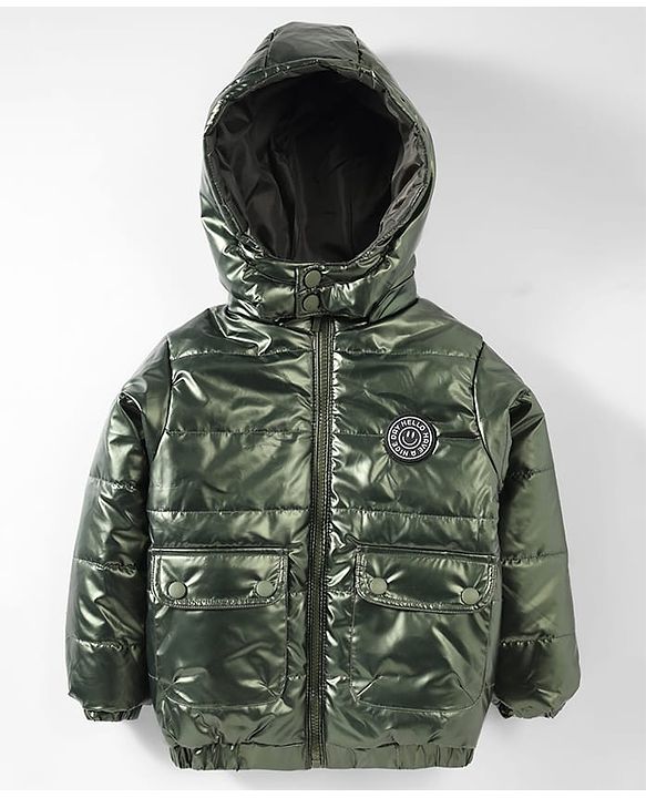 Babyhug Woven Full Sleeves Padded Jacket With Detachable Hood & Front Pockets - Green