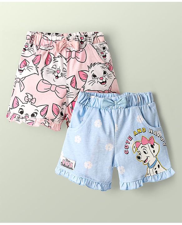 Babyhug Disney 100% Cotton Knee Length Shorts With Aristocats Marie Graphics Pack Of 2 - Light Blue & Pink