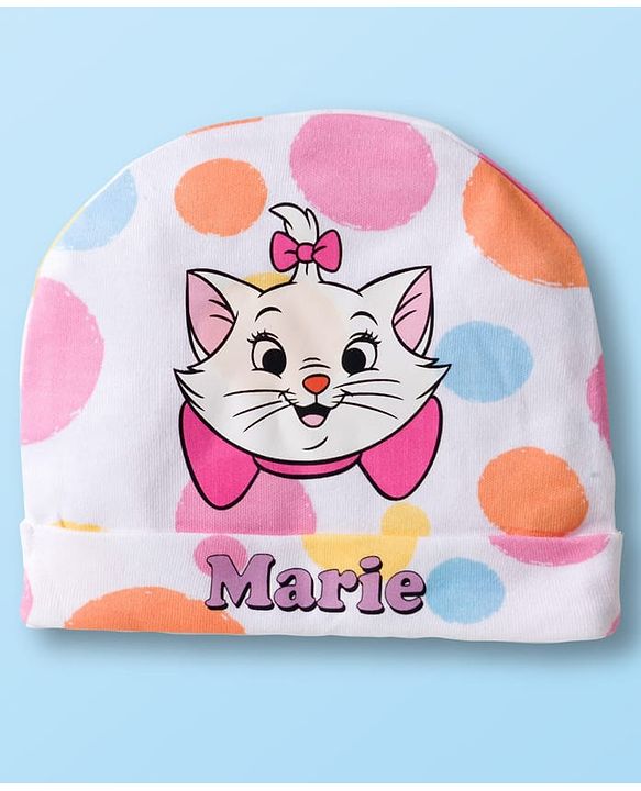 Babyhug Disney Interlock Knit Cap Mittens and Booties Set with Aristocats Marie Graphics White - 9 cm Diameter