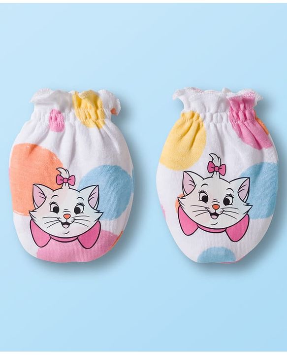 Babyhug Disney Interlock Knit Cap Mittens and Booties Set with Aristocats Marie Graphics White - 9 cm Diameter