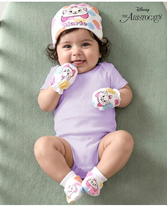 Babyhug Disney Interlock Knit Cap Mittens and Booties Set with Aristocats Marie Graphics White - 9 cm Diameter