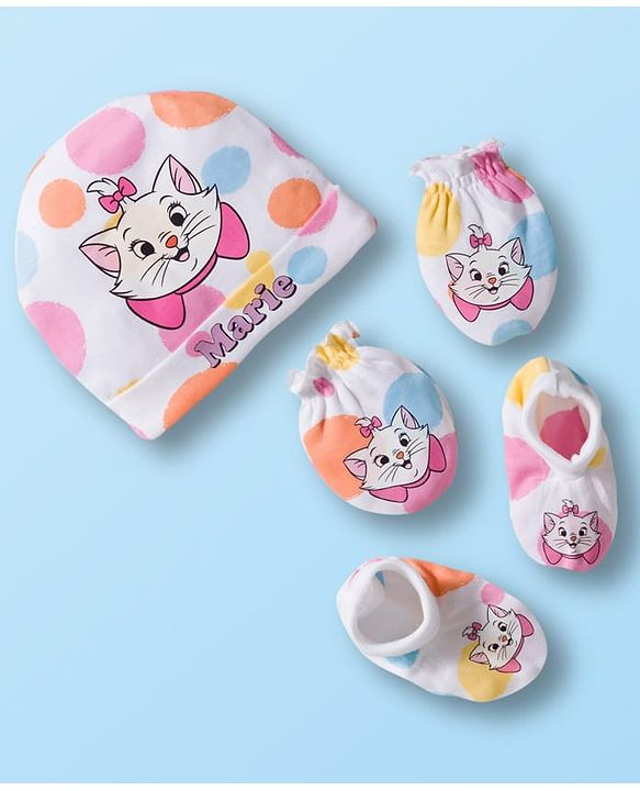 Babyhug Disney Interlock Knit Cap Mittens and Booties Set with Aristocats Marie Graphics White - 9 cm Diameter