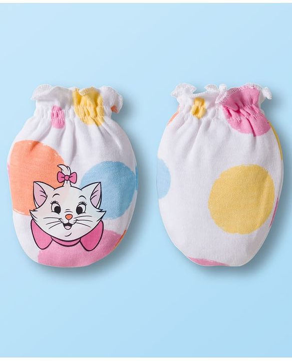 Babyhug Disney Interlock Knit Cap Mittens and Booties Set with Aristocats Marie Graphics White - 9 cm Diameter