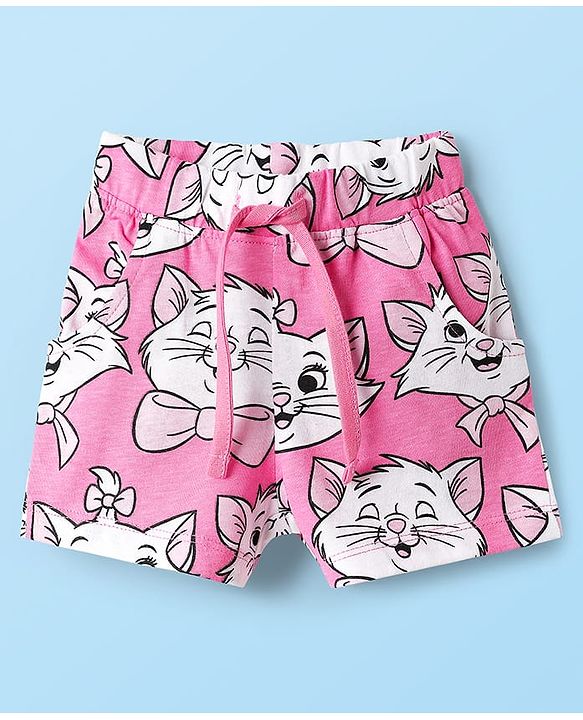 Babyhug Disney Single Jersey Knit Half Sleeves Shorts Night Suit with Aristocats Marie Graphics - Pink & White