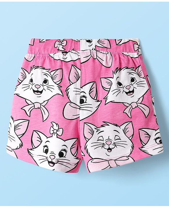 Babyhug Disney Single Jersey Knit Half Sleeves Shorts Night Suit with Aristocats Marie Graphics - Pink & White