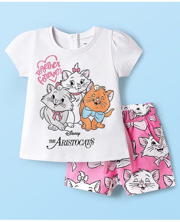 Babyhug Disney Single Jersey Knit Half Sleeves Shorts Night Suit with Aristocats Marie Graphics - Pink & White
