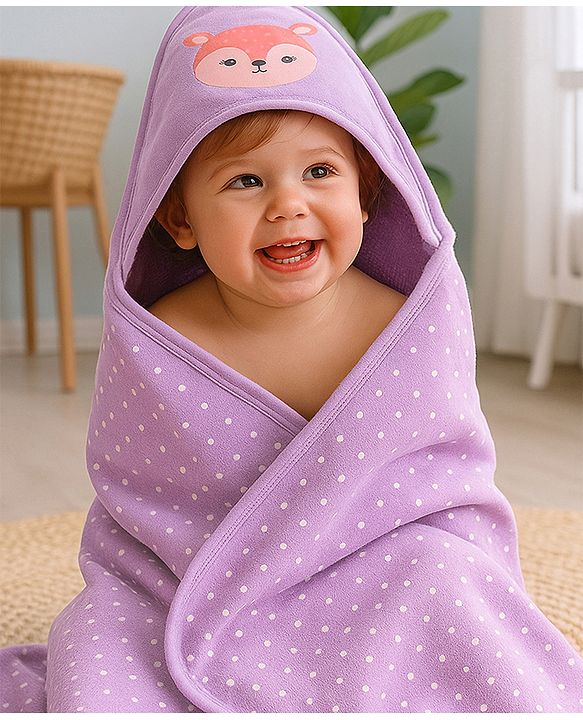 Babyhug Cotton Terry Knit Hooded Towel with Dotted Design & Deer Print L 76 x B 76 cm - Purple