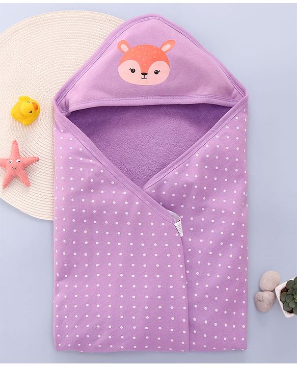 Babyhug Cotton Terry Knit Hooded Towel with Dotted Design & Deer Print L 76 x B 76 cm - Purple