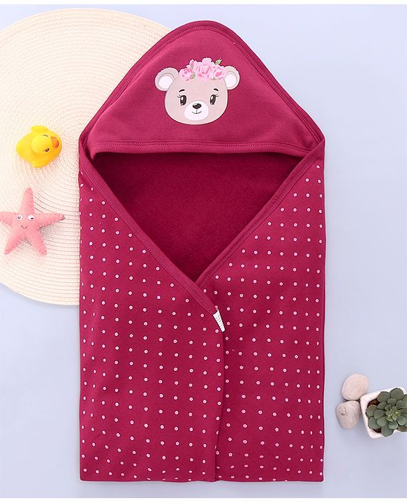Babyhug Terry Knit Hooded Towel With Animal & Polka Dot Print L 76.2 x B 76.2 cm - Red
