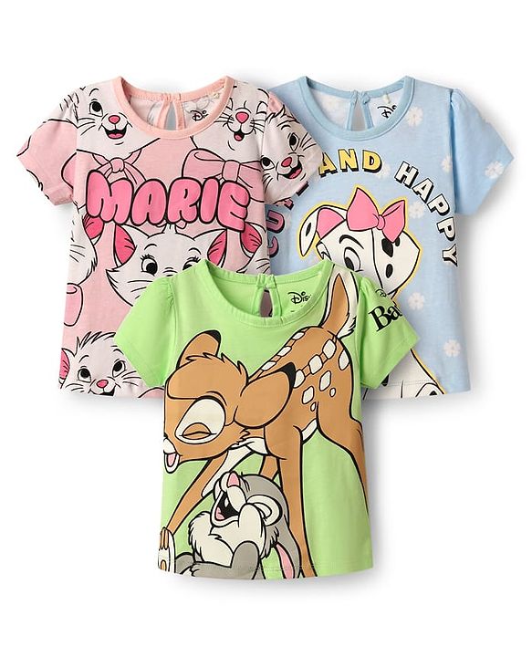 Babyhug Disney Single Jersey Knit  Half Sleeves T-Shirts With Aristocat Marie Graphics Pack Of 3 - Light Green & Pink